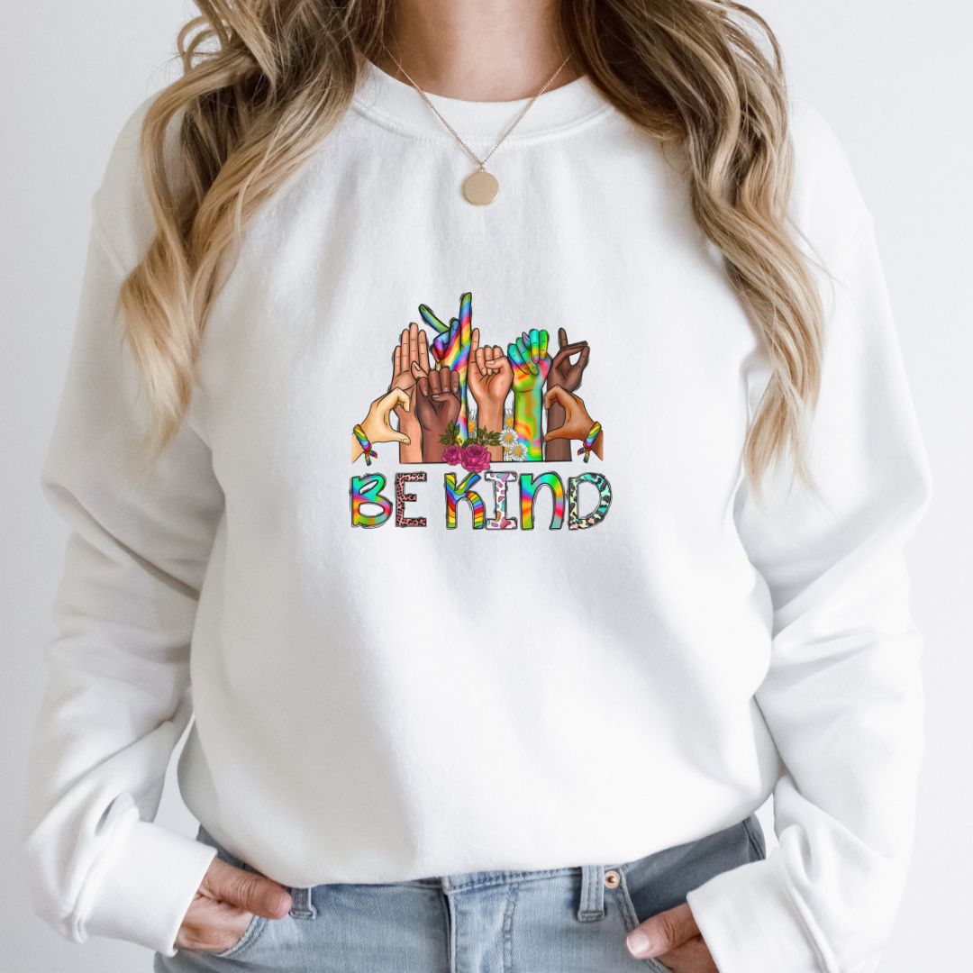  “This sweater features the simple but powerful phrase "be kind" in large, eye-catching letters. Its design is simple yet impactful, with bright colors that radiate good vibes. The shirt is made of soft and breathable material, perfect for everyday wear.”