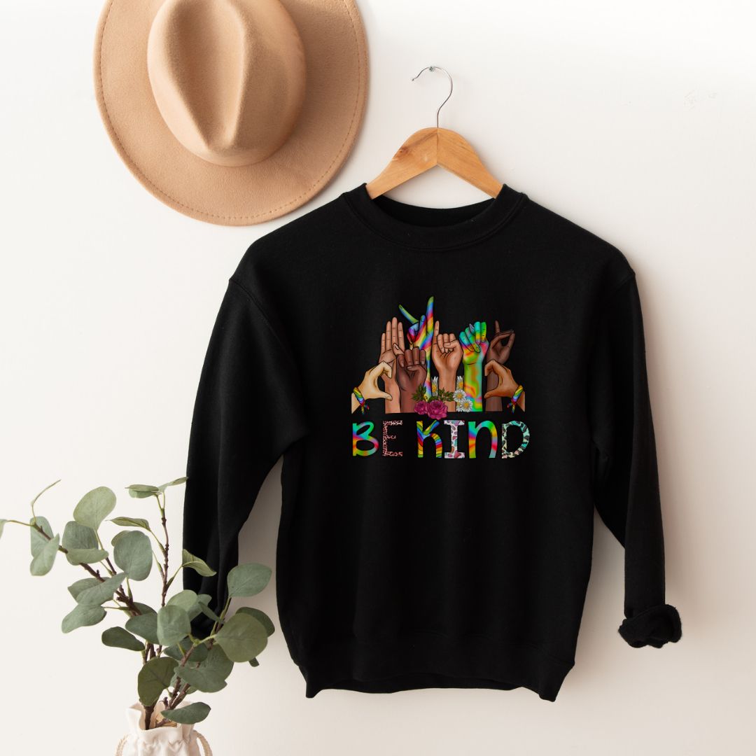  “This sweater features the simple but powerful phrase "be kind" in large, eye-catching letters. Its design is simple yet impactful, with bright colors that radiate good vibes. The shirt is made of soft and breathable material, perfect for everyday wear.”