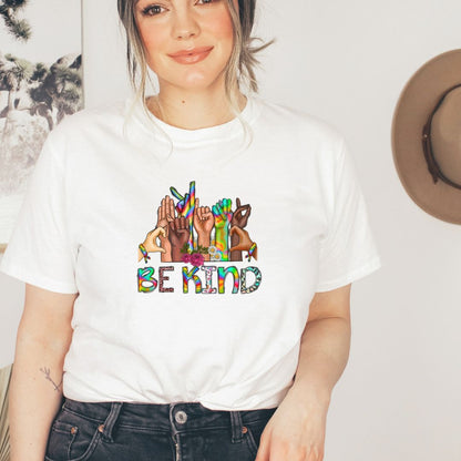  “This shirt features the simple but powerful phrase "be kind" in large, eye-catching letters. Its design is simple yet impactful, with bright colors that radiate good vibes. The shirt is made of soft and breathable material, perfect for everyday wear.”