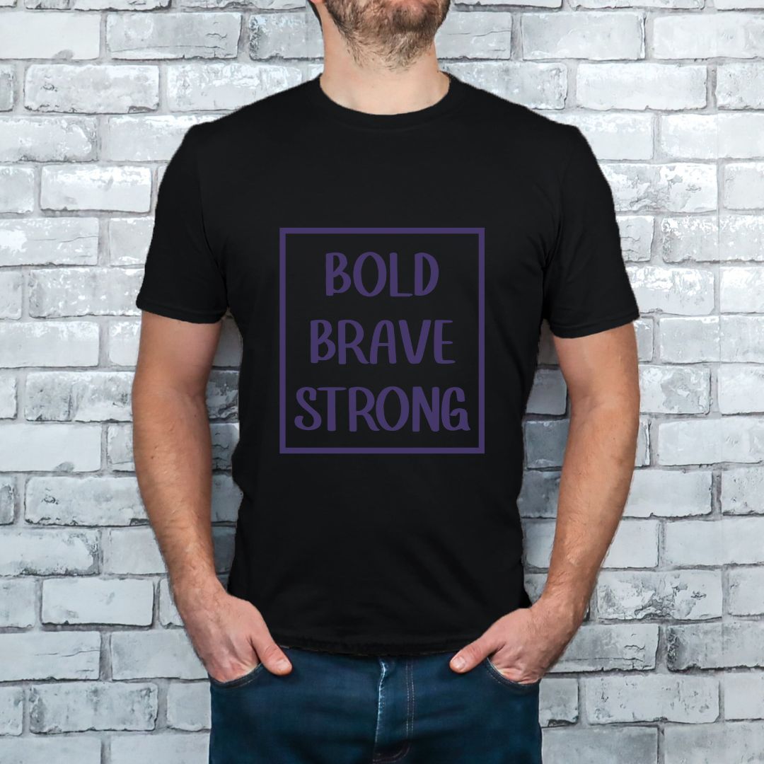 "Bold, brave, strong text design centered on black t-shirt."