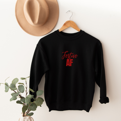 "Festive AF text design centered on a black unisex sweater."