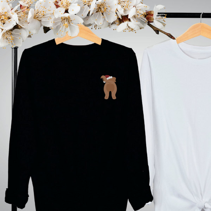 "Christmas dog graphic left pocket position on black long sleeve shirt
